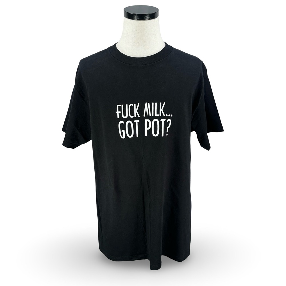 Vintage Fck Milk Got Pot XL Black Graphic Tee Humor Parody T-Shirt Stoner 90s